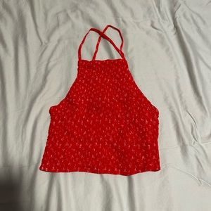 red, floral tank top